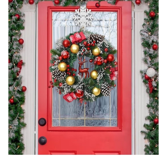 Festive Holiday Wreath with Red and Gold Accents With Lights - Picture 6 of 6